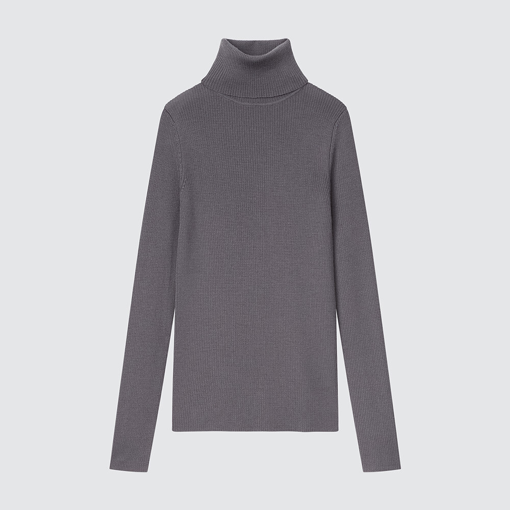 

Свитер Uniqlo камвольный в рубчик из мериносовой ткани с двумя лацканами, сине-серый