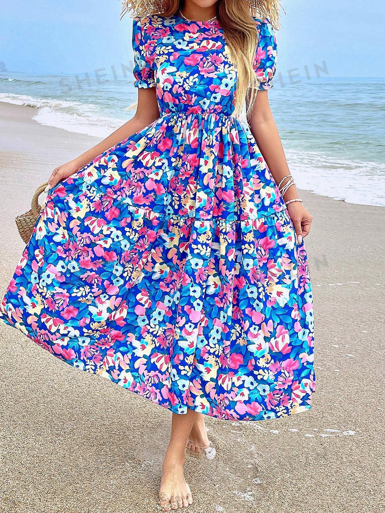 SHEIN VCAY Женское платье с круглым вырезом и короткими рукавами-пузырьками с цветочным принтом, синий женское длинное платье с цветочным принтом круглым вырезом и длинным рукавом
