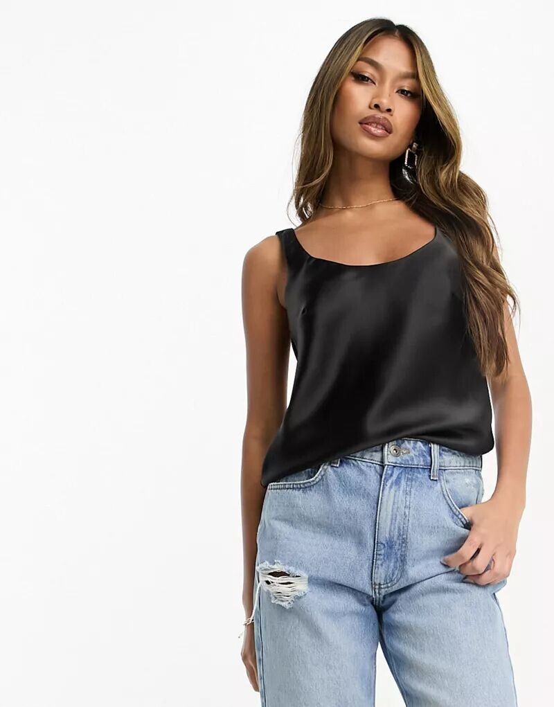 

Черная атласная кофточка с круглым вырезом ASOS