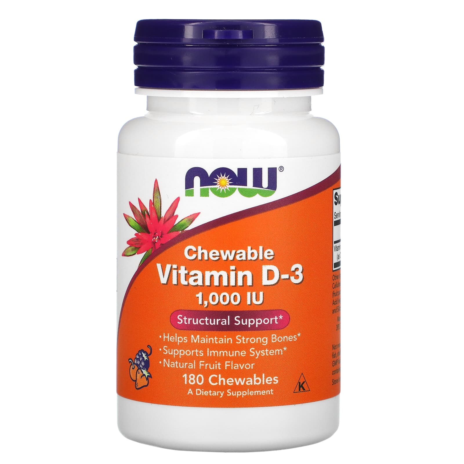 Now Foods Жевательный витамин D3 натуральный фруктовый вкус 1000 МЕ 180 жевательных таблеток