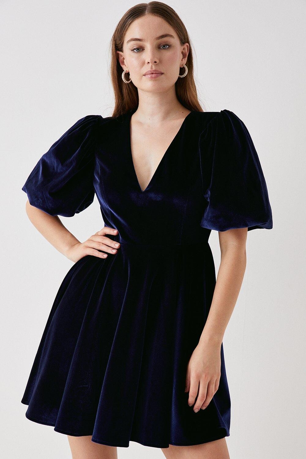 

Бархатное мини-платье Debut London с пышными рукавами Debenhams, темно-синий