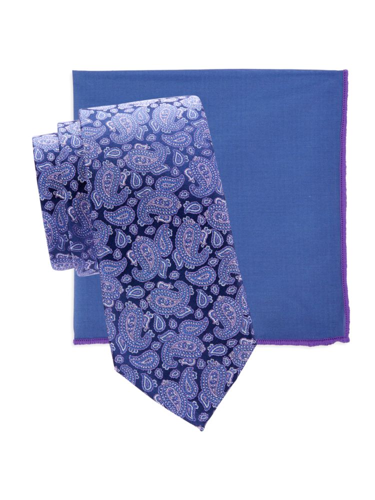 Комплект из двух шелковых галстуков и нагрудного платка Hickey Freeman, темно-синий
