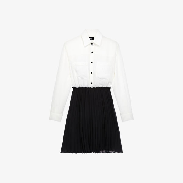 

Плиссированное тканое мини-платье с накладными карманами The Kooples, черный