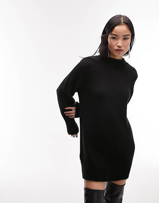 

Черное вязаное платье с круглым вырезом Topshop