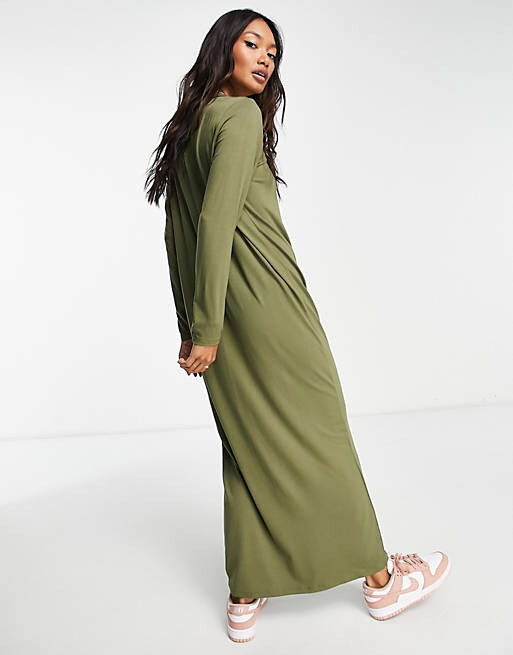 

Платье-футболка макси с длинными рукавами ASOS DESIGN хаки