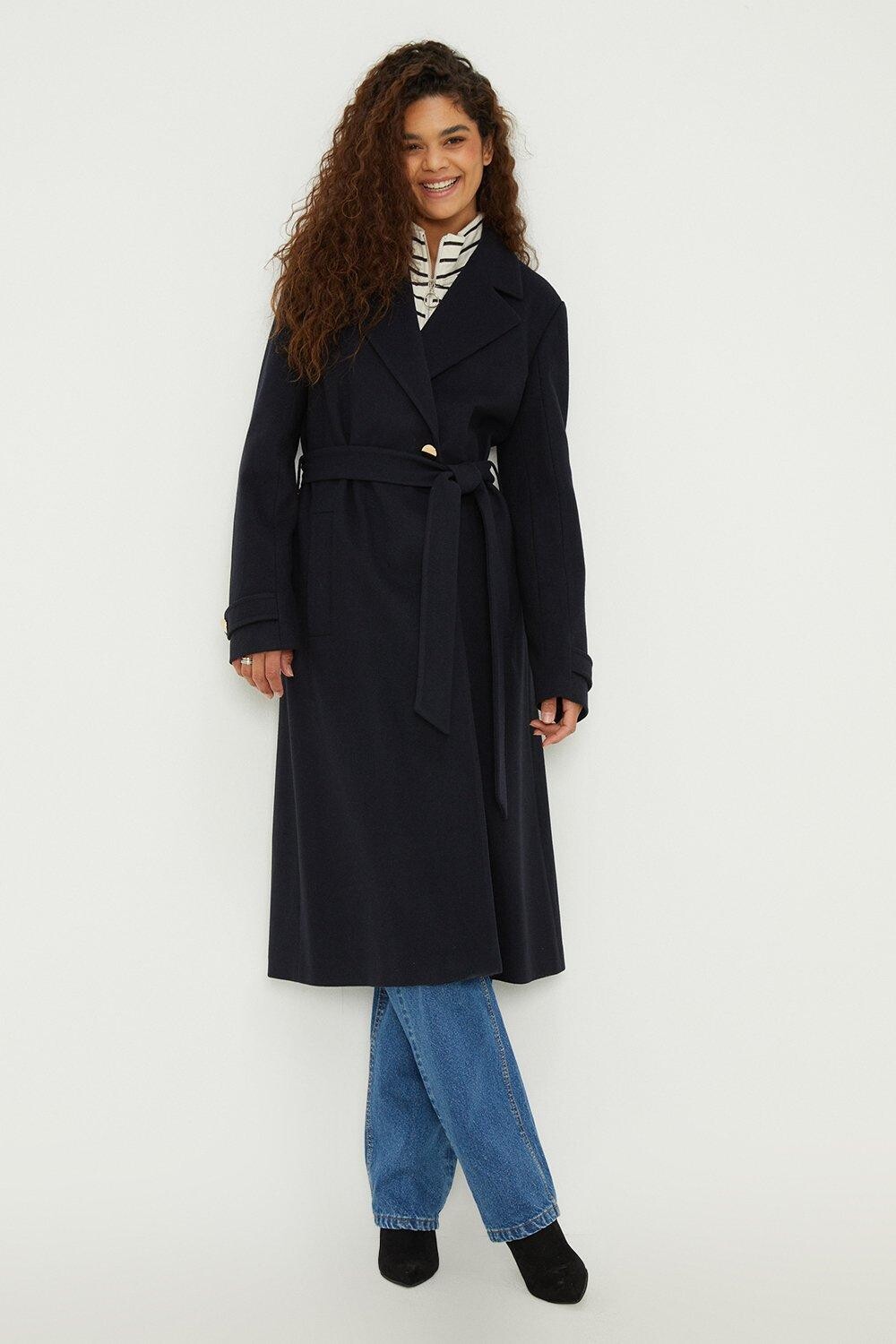 

Высокое длинное пальто с поясом Dorothy Perkins, темно-синий