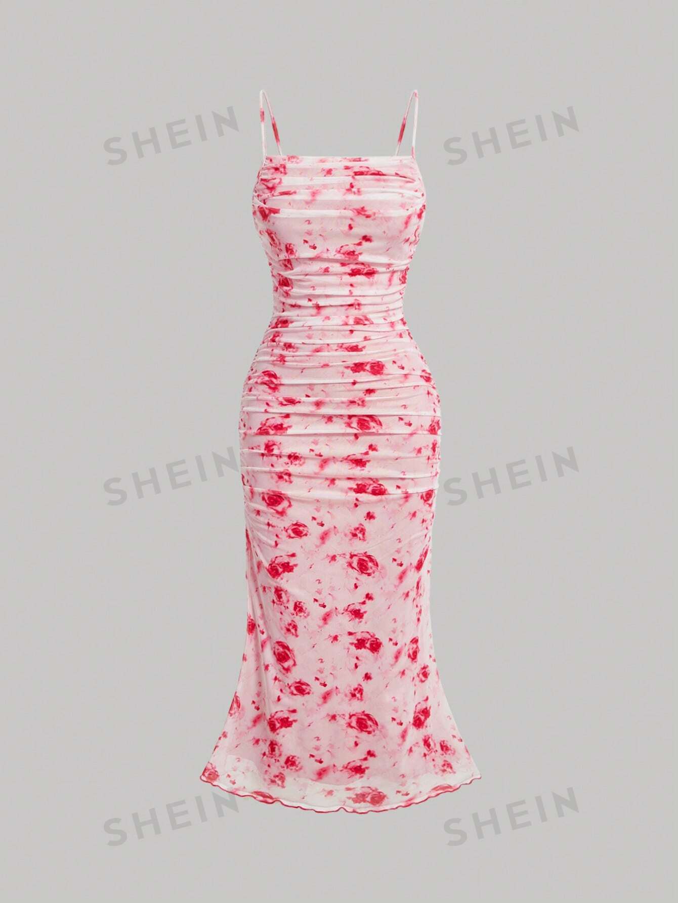 цена SHEIN MOD Плиссированное платье-комбинация с цветочным принтом и рюшами по подолу, ярко-розовый