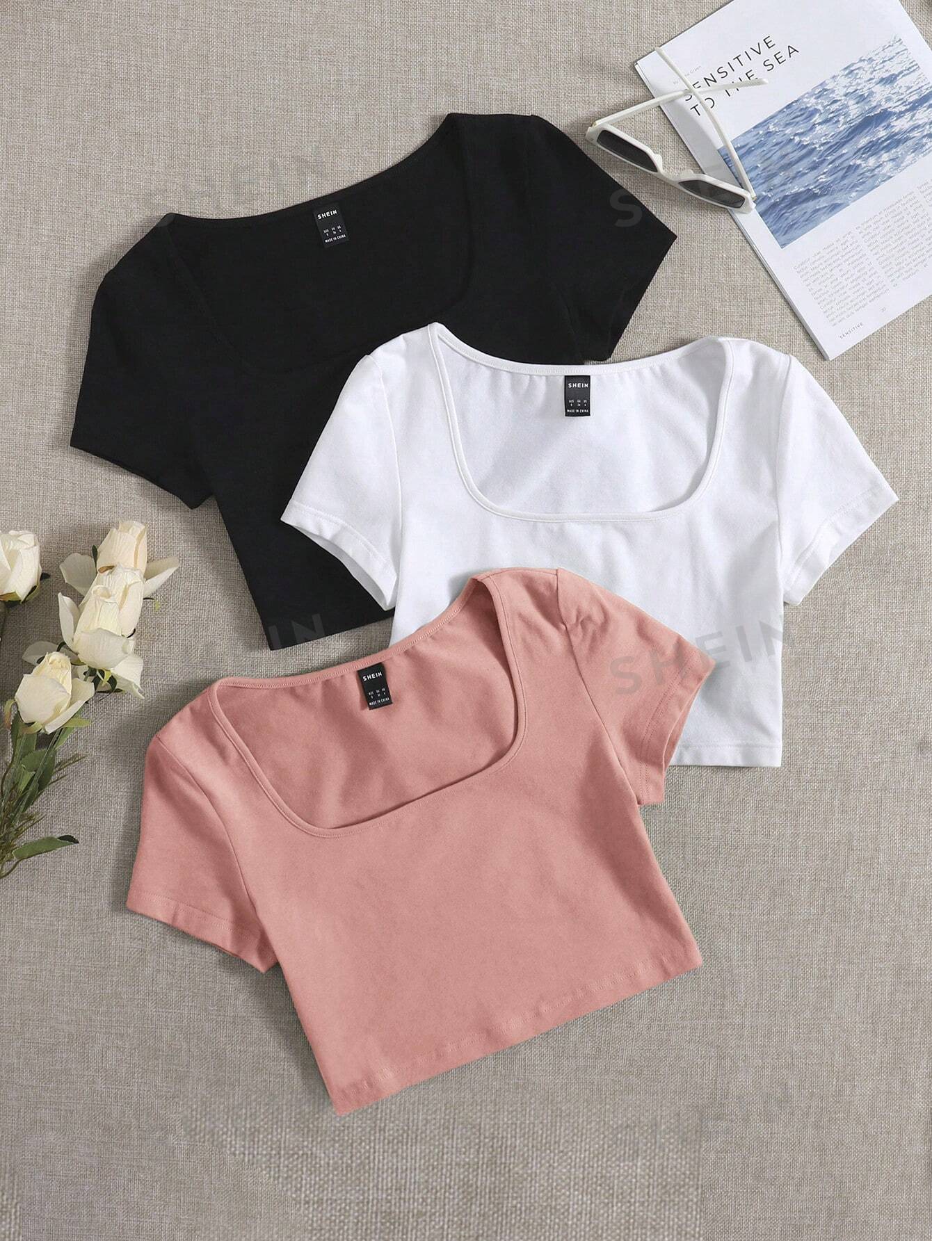 цена SHEIN EZwear 3 шт. однотонная приталенная футболка с круглым вырезом и короткими рукавами, пыльный розовый