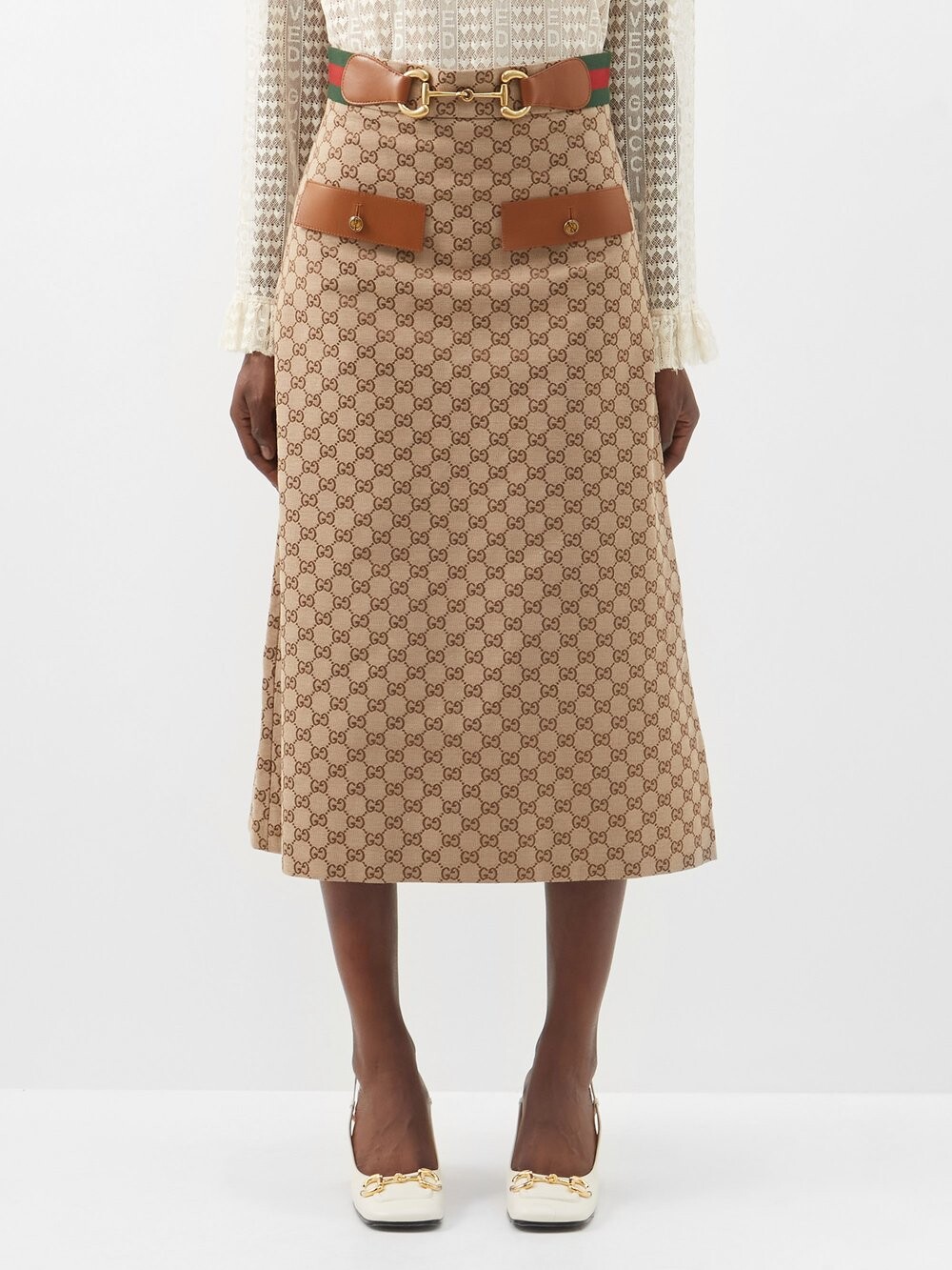

Юбка миди из смесового хлопка с жаккардовым узором gg horsebit Gucci, бежевый
