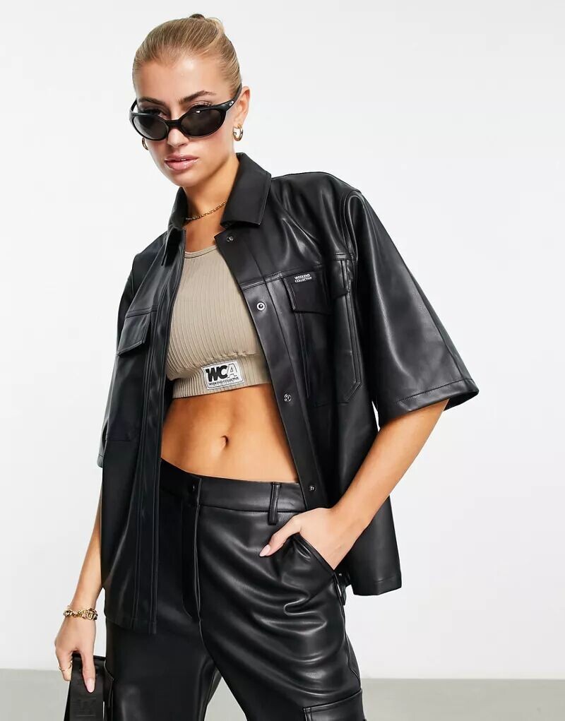 

Черная кожаная рубашка с карманами ASOS Weekend Collective