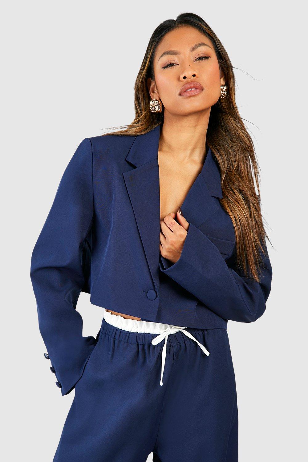 Двубортный укороченный пиджак свободного кроя boohoo, темно-синий