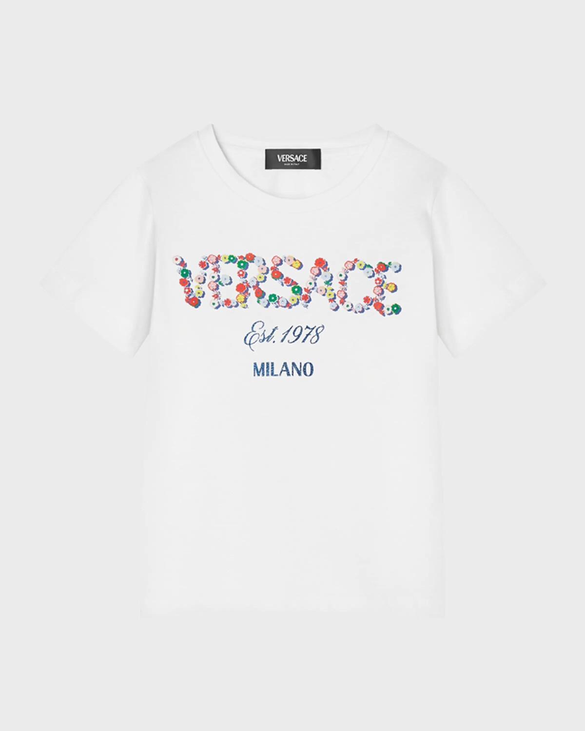 

Футболка с цветочным принтом и логотипом для девочек Versace, цвет White/Multicolor