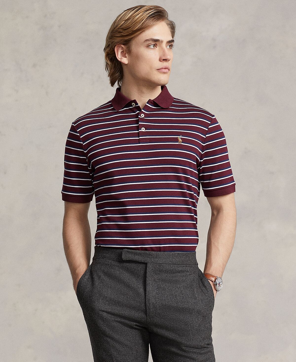 

Мужская приталенная рубашка поло из мягкого хлопка в полоску на заказ Polo Ralph Lauren