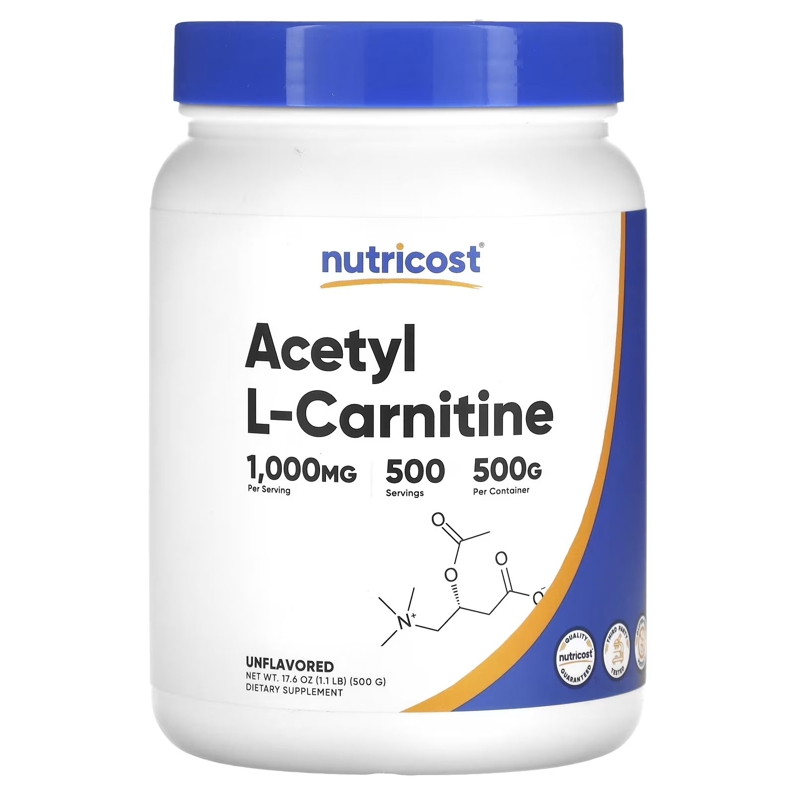 Ацетил L-карнитин Nutricost, 500 г nutricost l карнитин тартрат без вкуса 8 8 унции 250 г