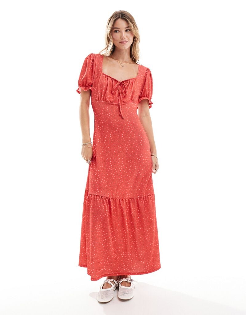 

Красное чайное платье макси в горошек Miss Selfridge