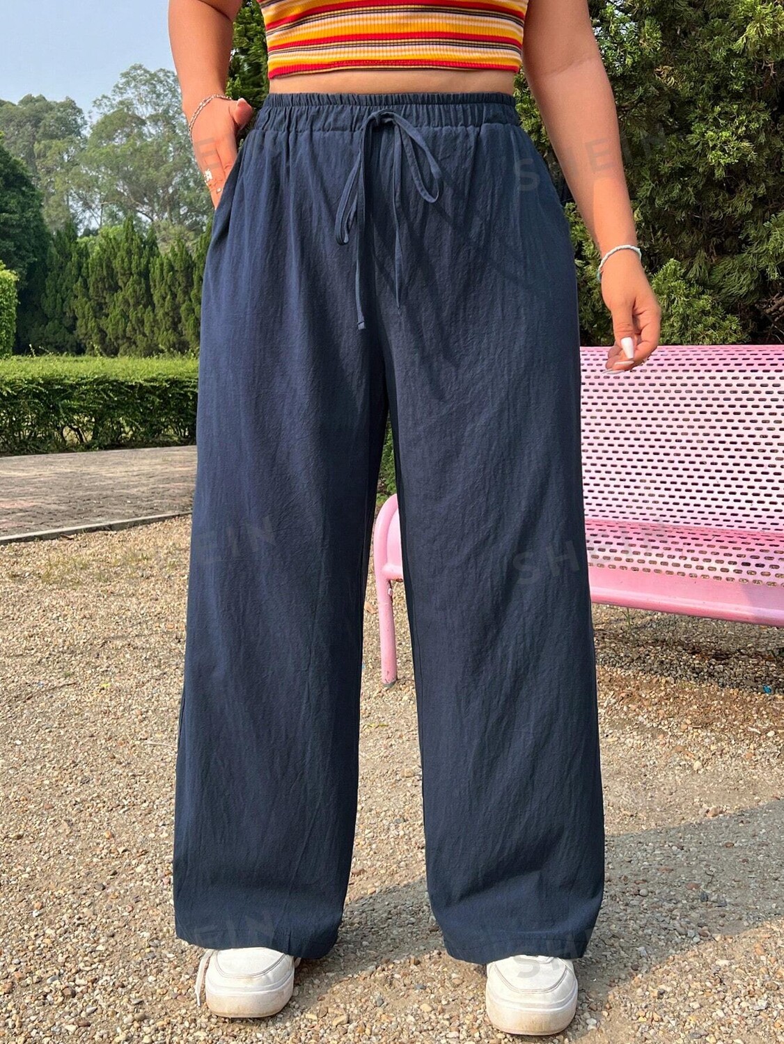 

EZwear Большие размеры женские летние свободные повседневные широкие брюки с поясом на талии Shein, темно-синий