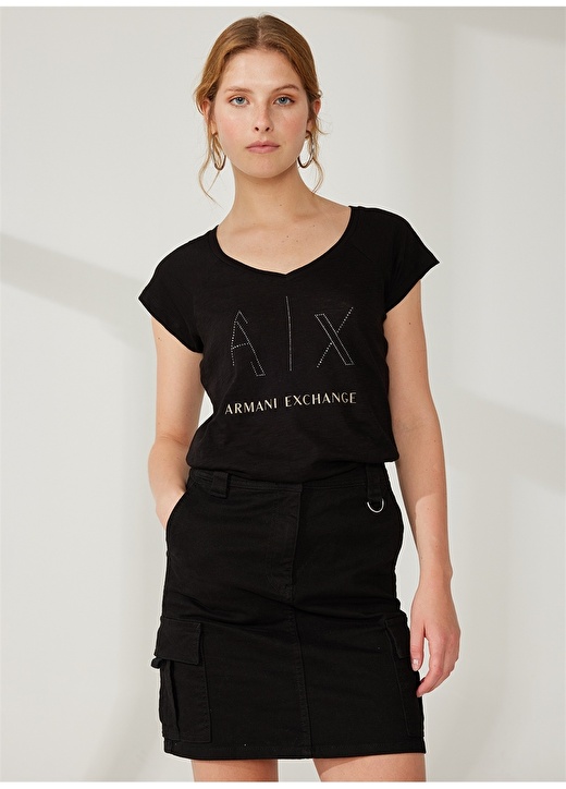 Черная женская футболка с принтом Armani Exchange