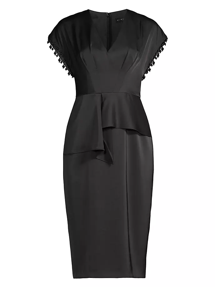 Атласное платье миди с отделкой бисером Aidan Mattox, черный цена и фото