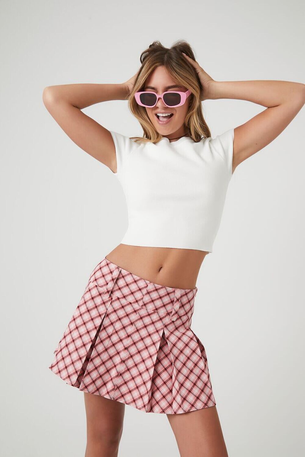 

Мини-юбка в клетку со складками Forever 21, розовый