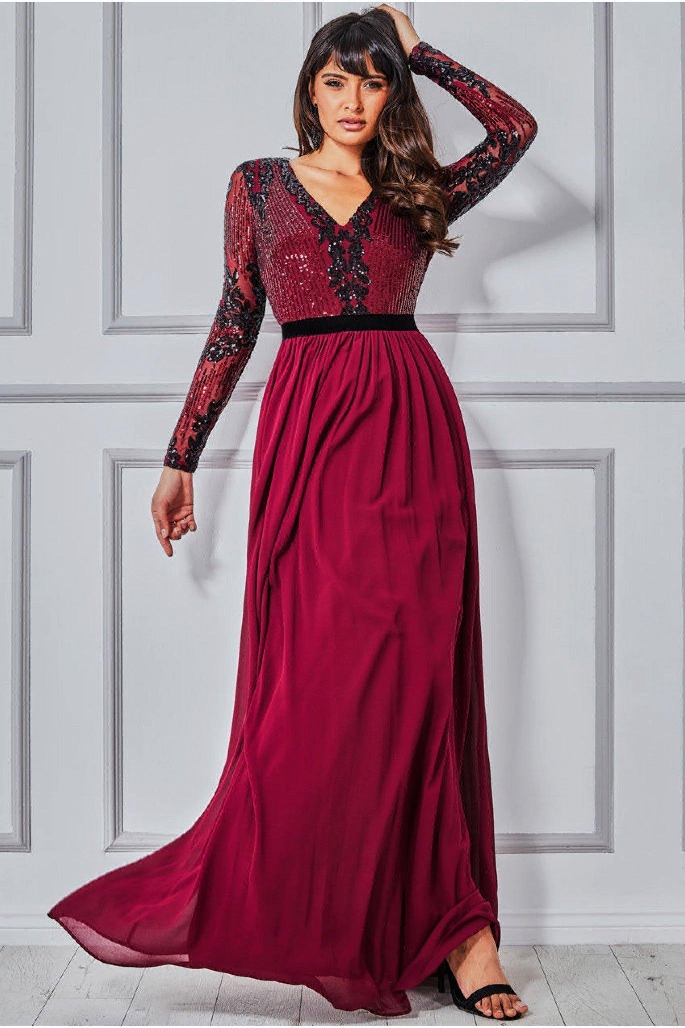 Платье макси с сетчатым лифом и пайетками Goddiva, красный