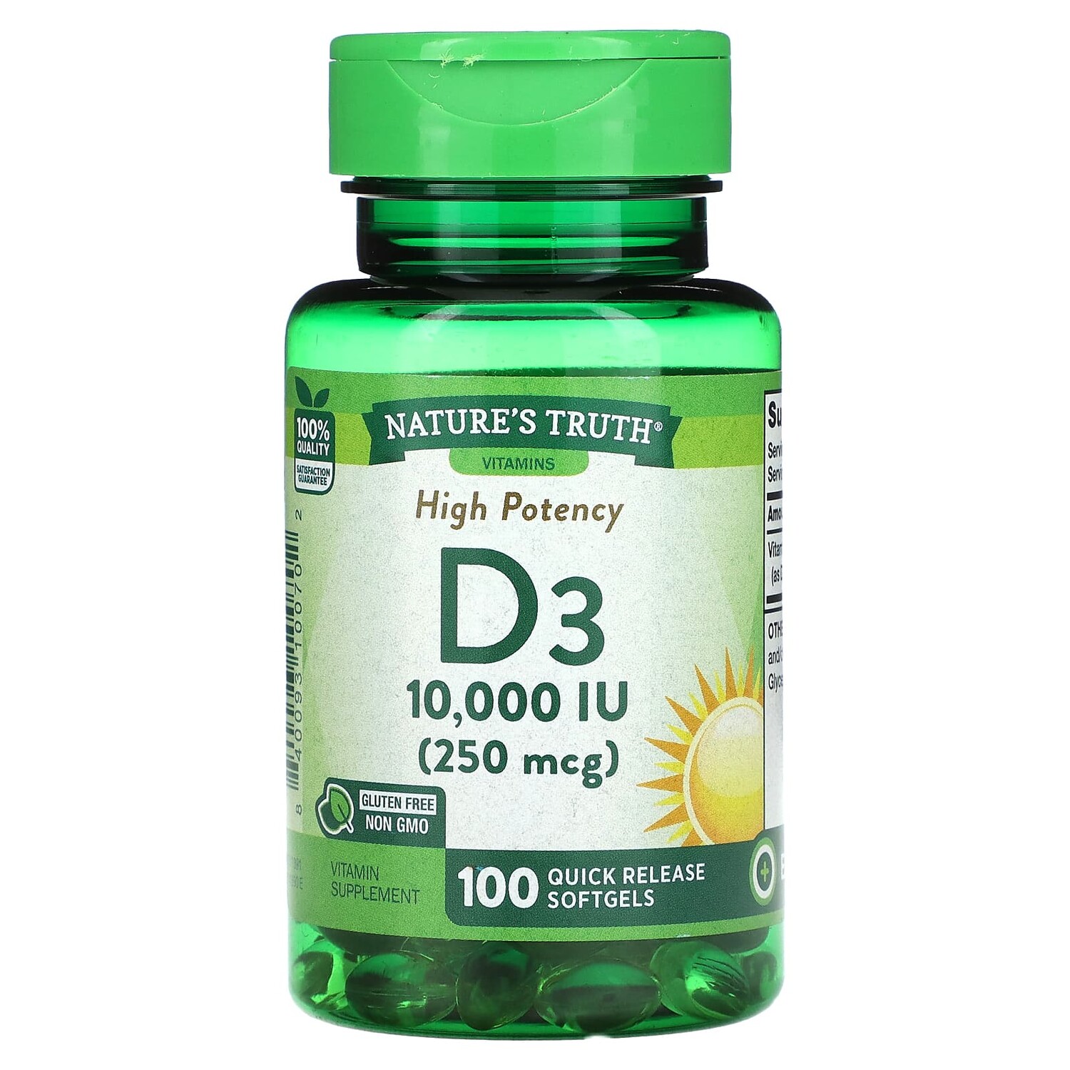

Vitamin D3, High Potency, 250 mcg (10,000 IU), 100 Quick Release Softgels, Nature's Truth