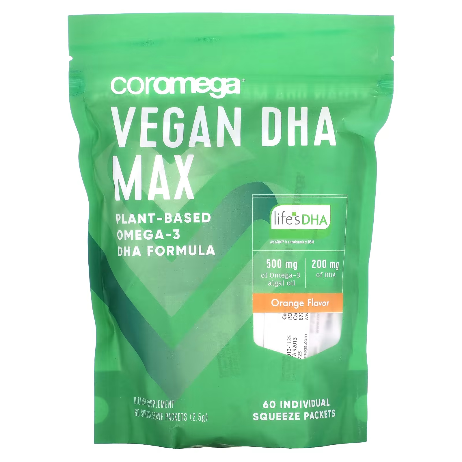 Пищевая добавка Coromega Vegan DHA Max, апельсин, 60 отдельных пакетиков по 2,5 г
