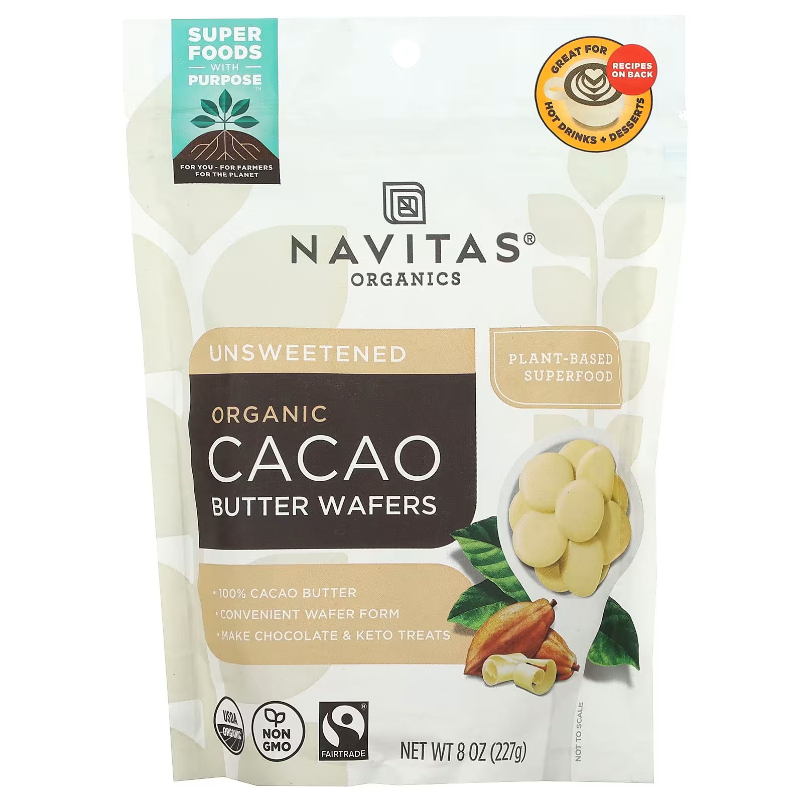 Navitas Organics Органические вафли с маслом какао, несладкие, 8 унций (227 г) navitas organics смесь антиоксидантов органическое какао годжи асаи 227 г 8 унций