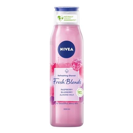 Экологически чистый гель для душа Fresh Blends Raspberry 300 мл с черничным и миндальным молочком - для женщин, Nivea