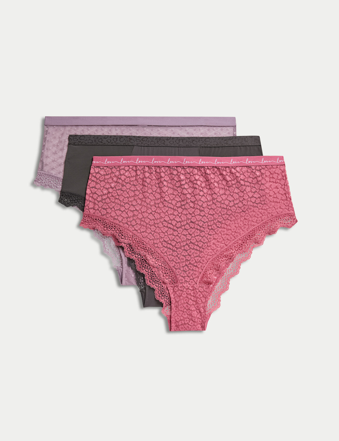 

Бразильские трусики из 3 штук с кружевом и сеткой с высокой талией Marks & Spencer, малиновый микс