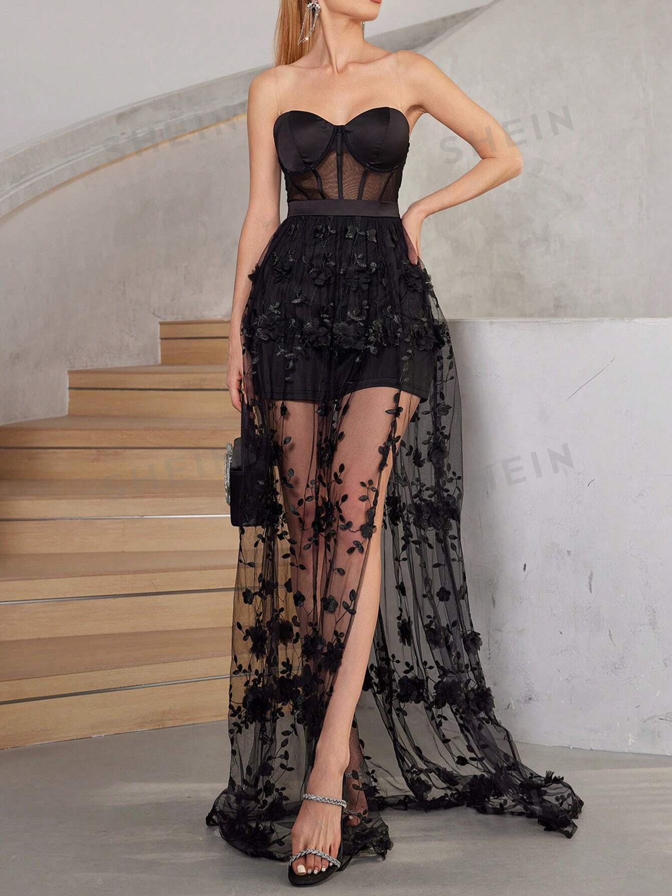 цена SHEIN Belle Женское элегантное сетчатое трехмерное вечернее платье с А-образным вырезом и высоким разрезом с цветочным принтом, черный