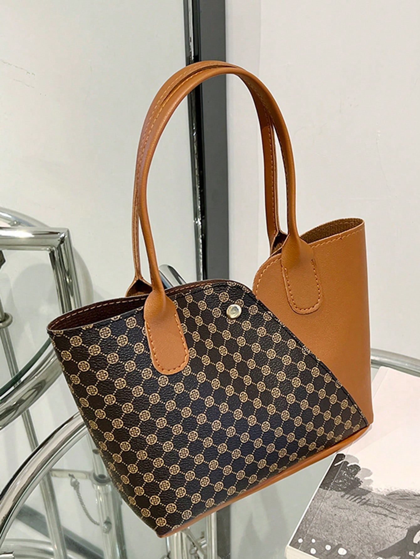 Модная универсальная тканевая сумка-корзина для покупок с дизайном цветных блоков для женщин, коричневый