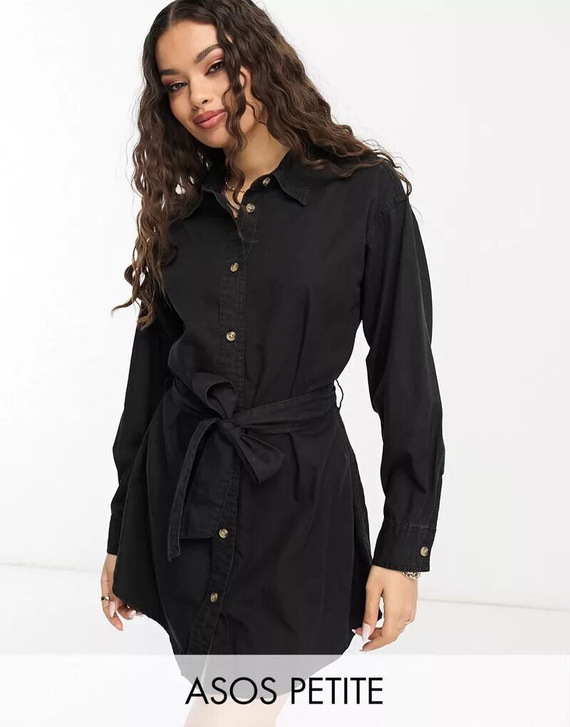 

Черное джинсовое платье мини с поясом ASOS DESIGN Petite