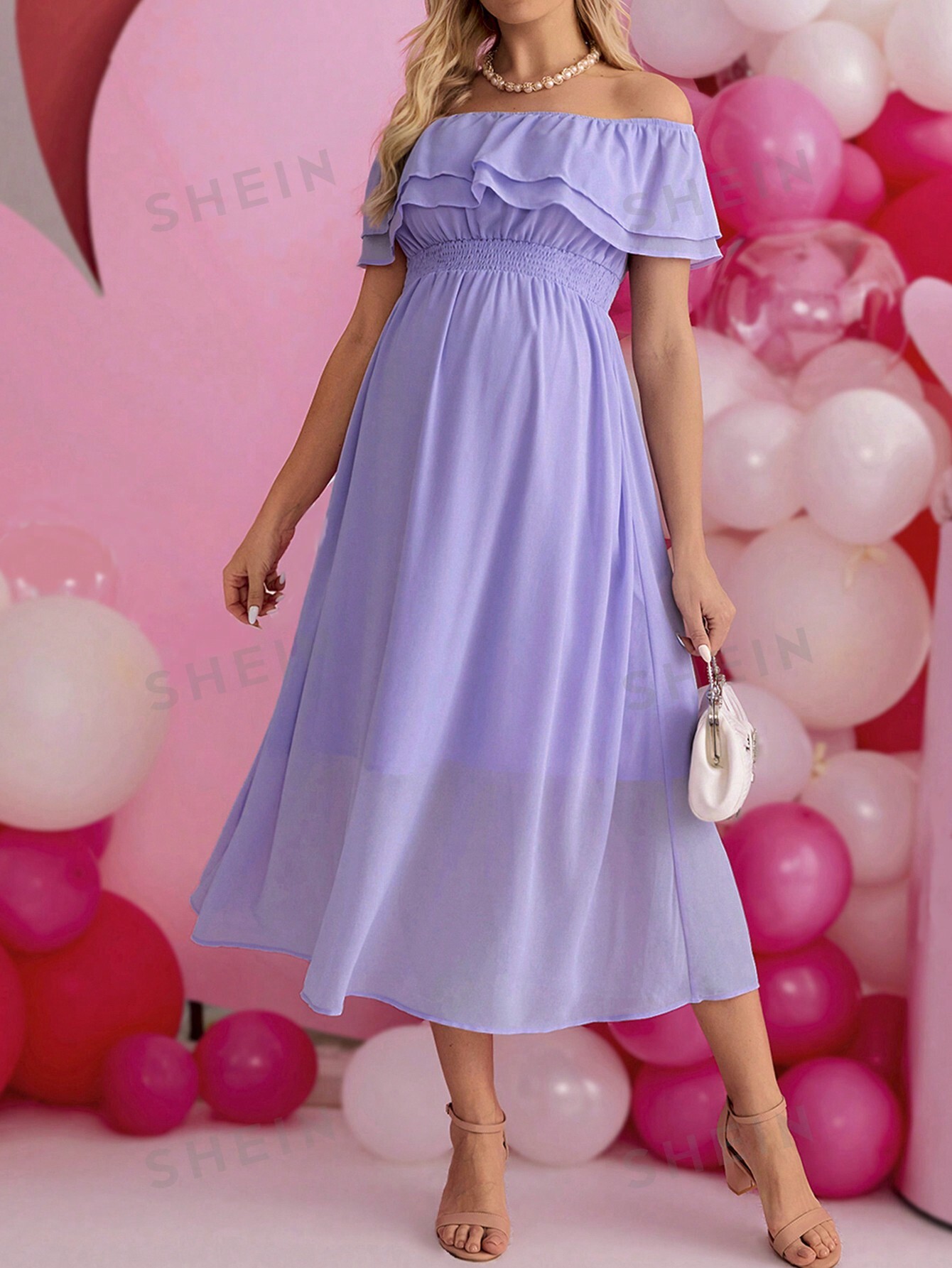SHEIN Однотонное платье для беременных с открытыми плечами, сиреневый фиолетовый женский комбинезон с оборками adogirl вечерние комбинезоны с открытыми плечами и оборками уличная одежда