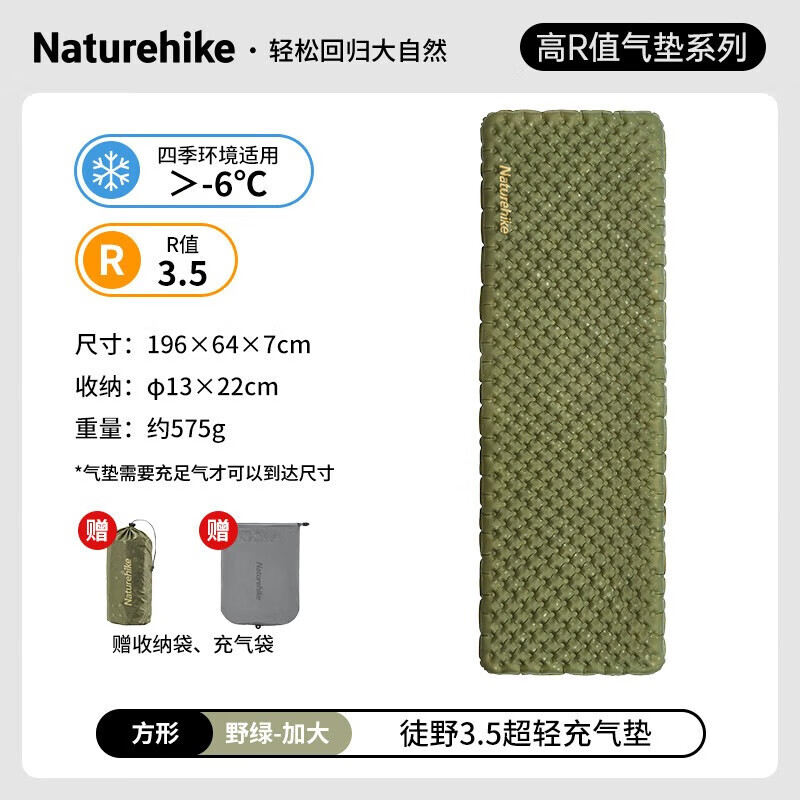 

Сверхлегкий надувной коврик NatureHike CNH22DZ018 Square - большой портативный кемпинговый инвентарь дикого зеленого цвета