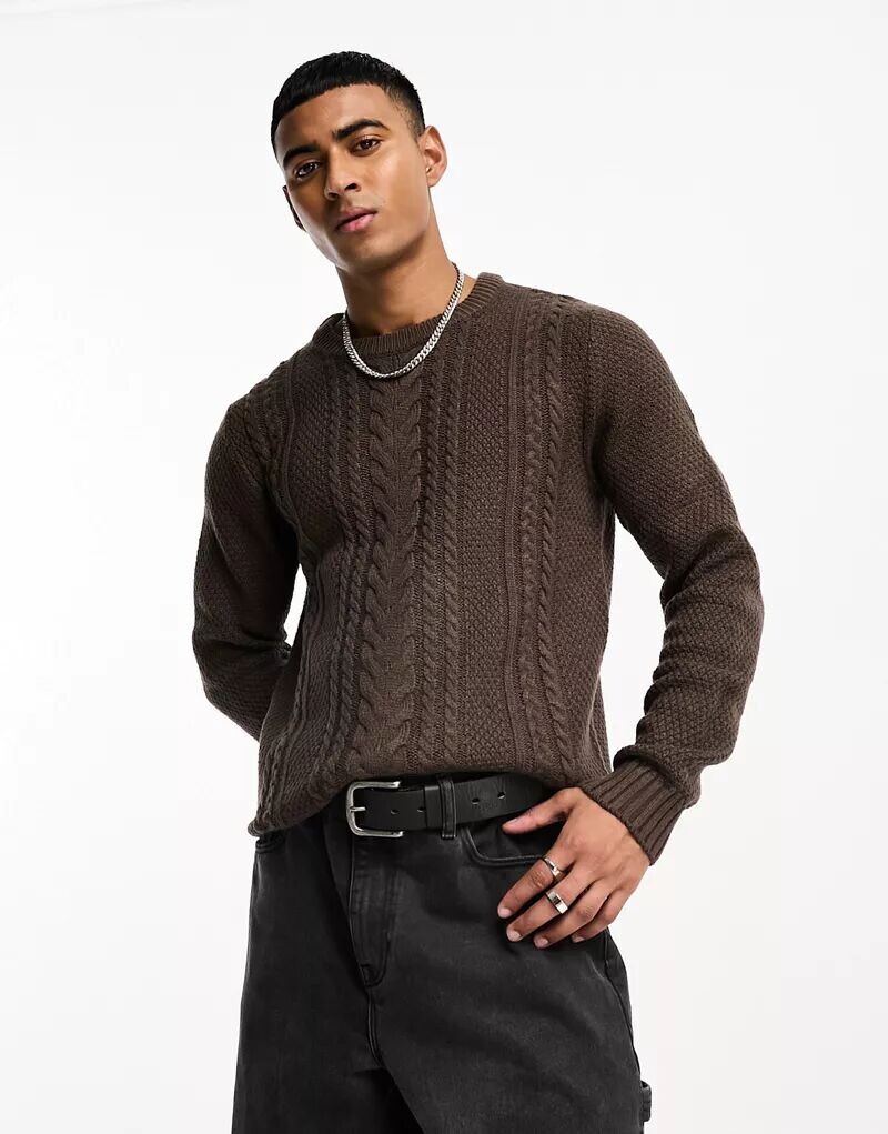 

Темно-коричневый джемпер косой вязки Jack & Jones с круглым вырезом