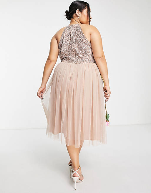 цена Приглушенно-розовое платье миди из тюля с пайетками и пайетками Maya Plus Bridesmaid