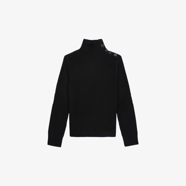

Шерстяной джемпер с воротником-воронкой и пуговицами The Kooples, черный