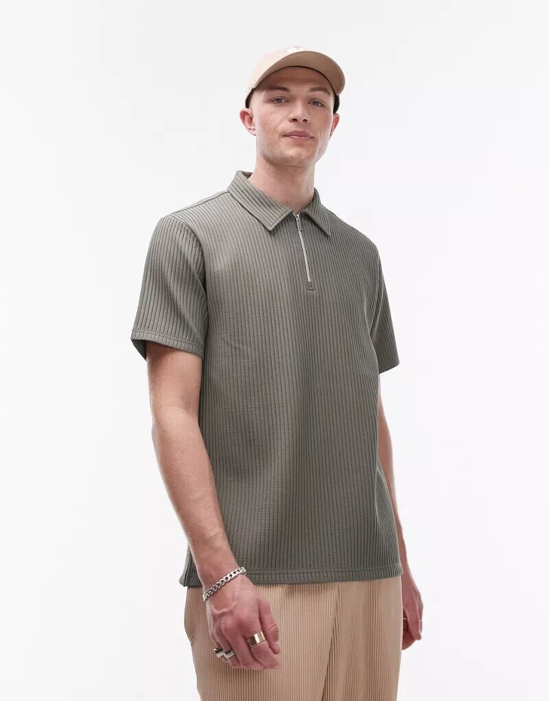 

Плиссированная рубашка цвета хаки с короткими рукавами и молнией 1/4 Topman