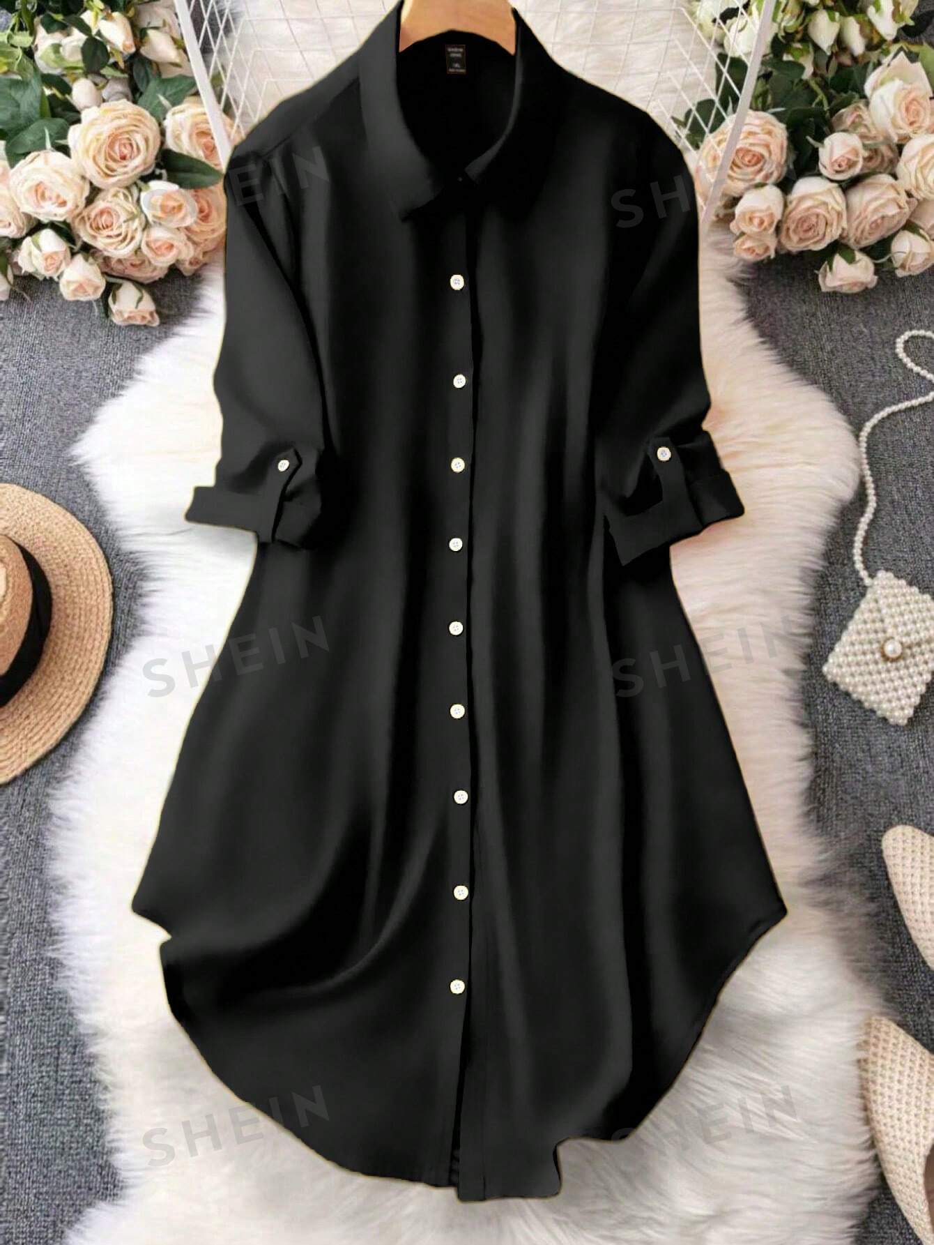 цена SHEIN LUNE Женское платье с принтом и пуговицами спереди, черный