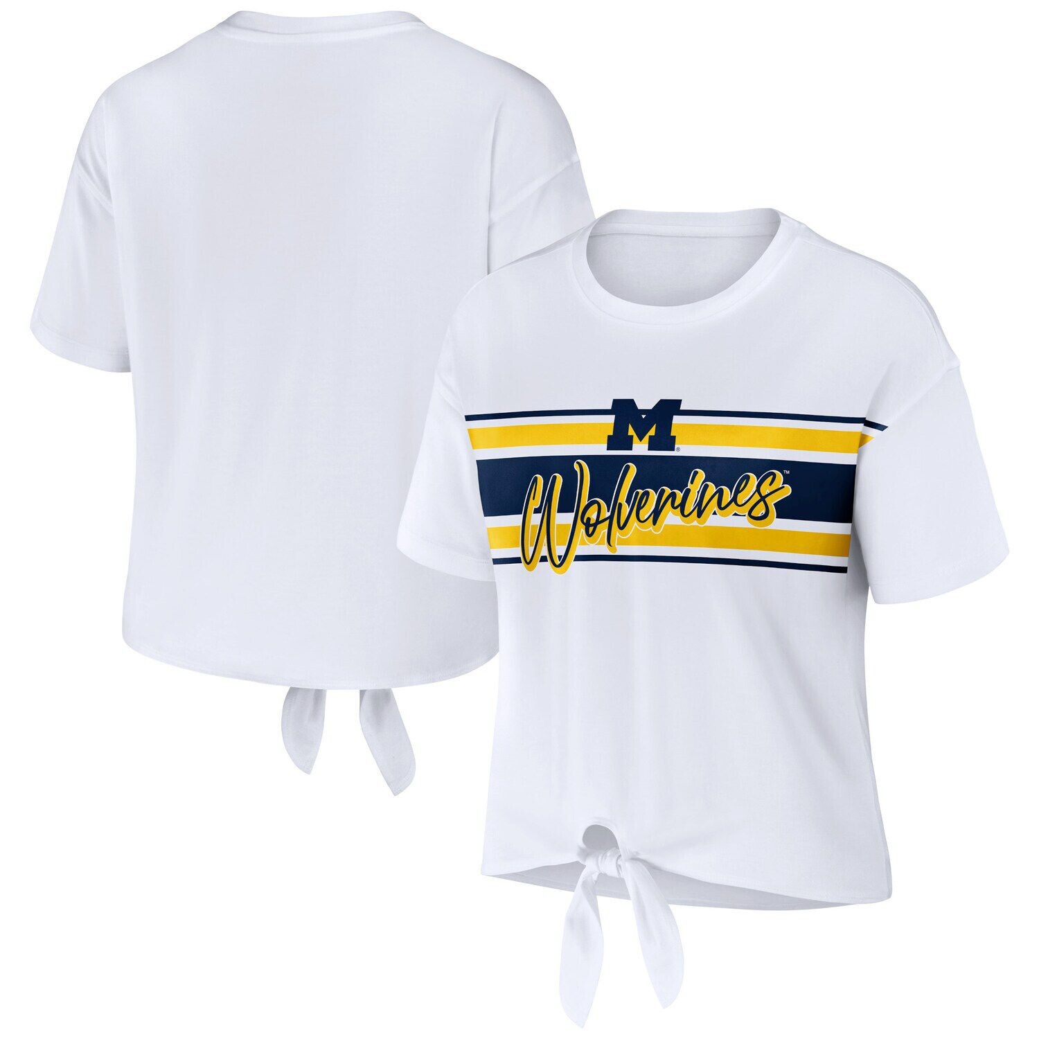 

Женская укороченная футболка в полоску с узлом спереди от Erin Andrews White Michigan Wolverines