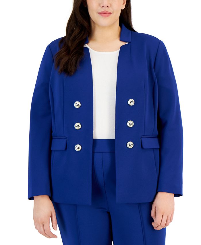 Искусственный двубортный пиджак больших размеров с понте Tahari ASL, синий
