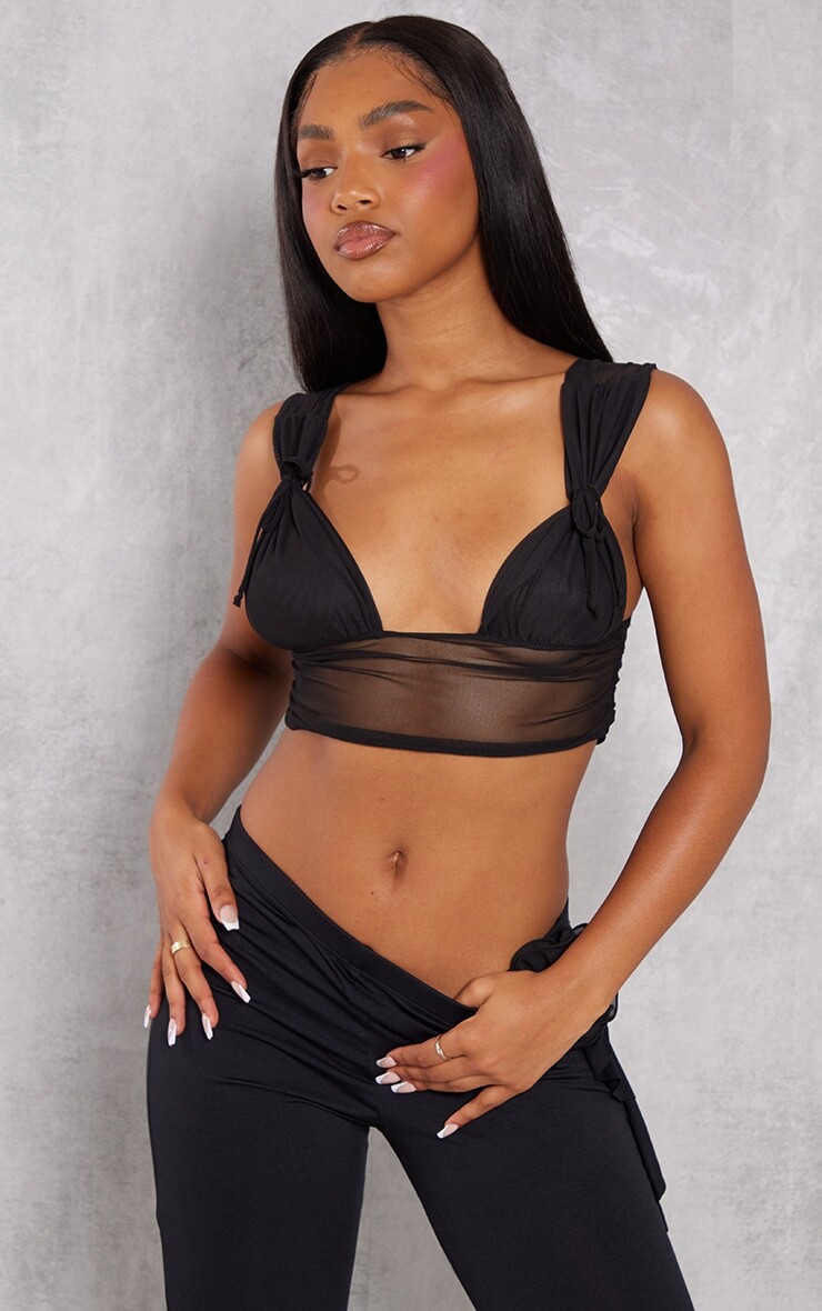 

PrettyLittleThing Черный укороченный топ с завязками в сетку