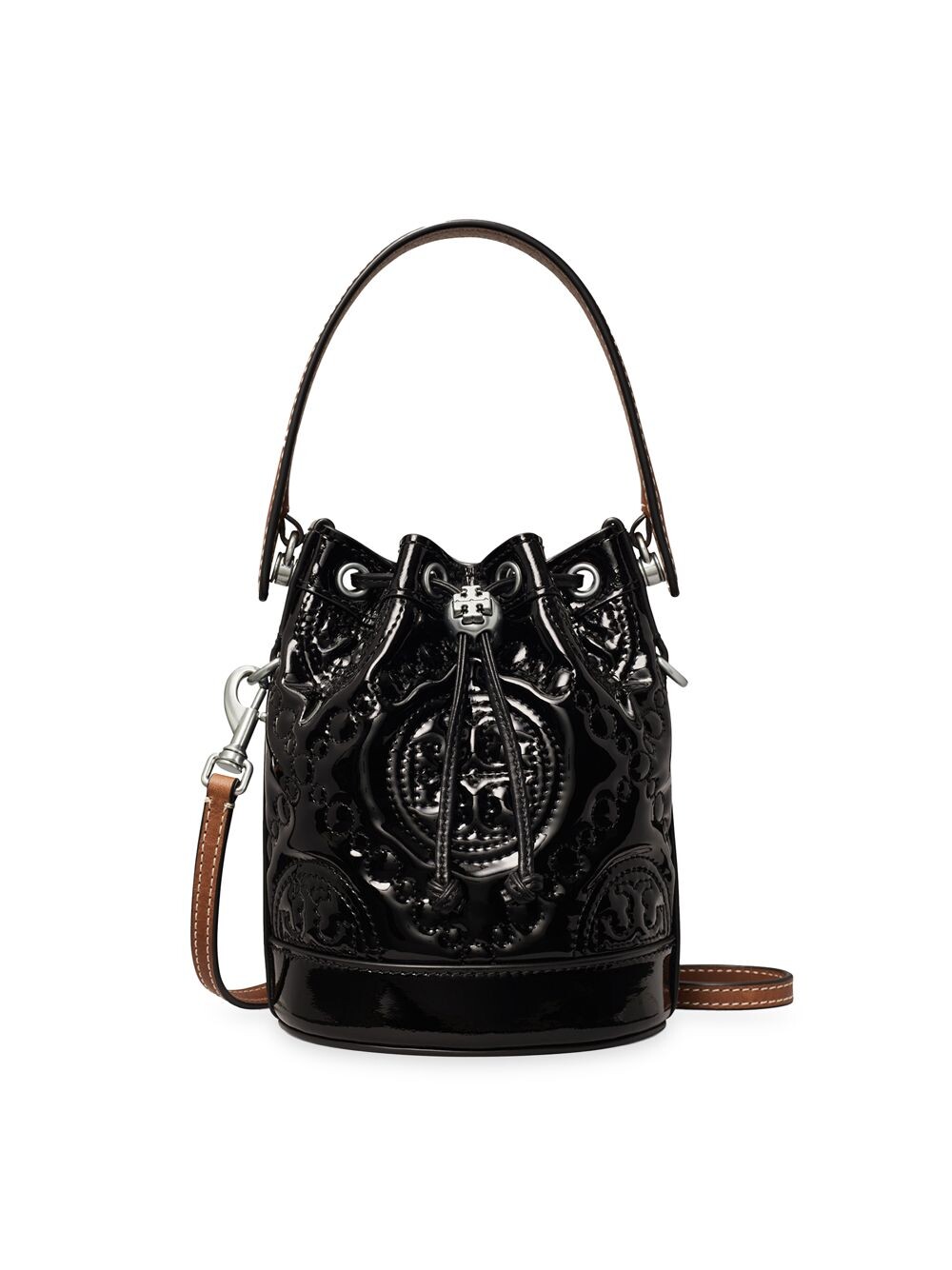 

Пухлая сумка-ведро из лакированной кожи Mini T с монограммой Tory Burch, черный