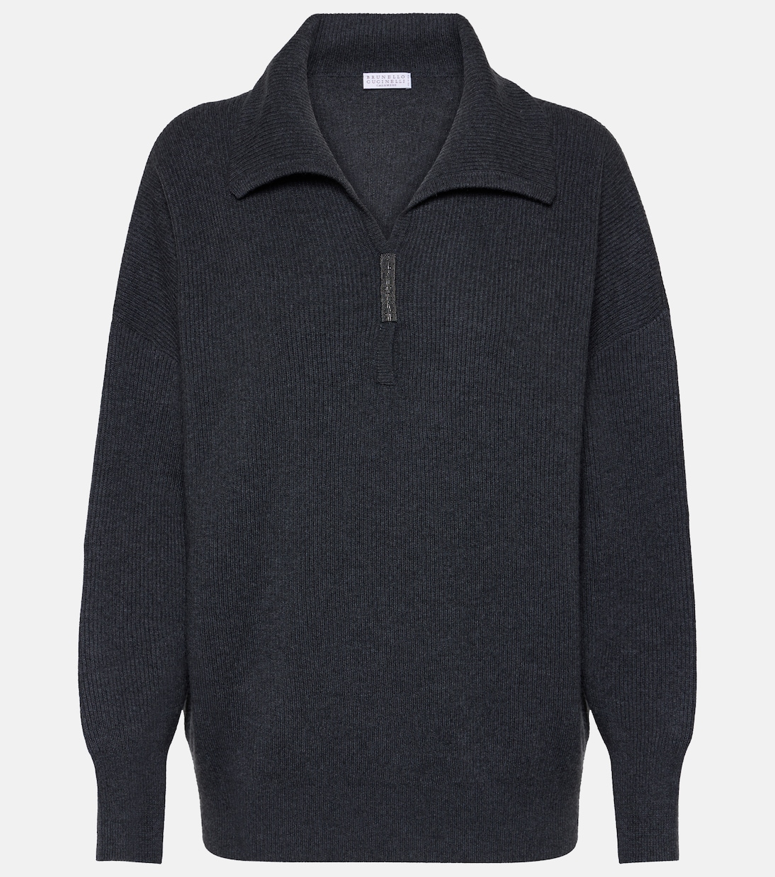 цена Кашемировый свитер-поло ребристой вязки Brunello Cucinelli, черный
