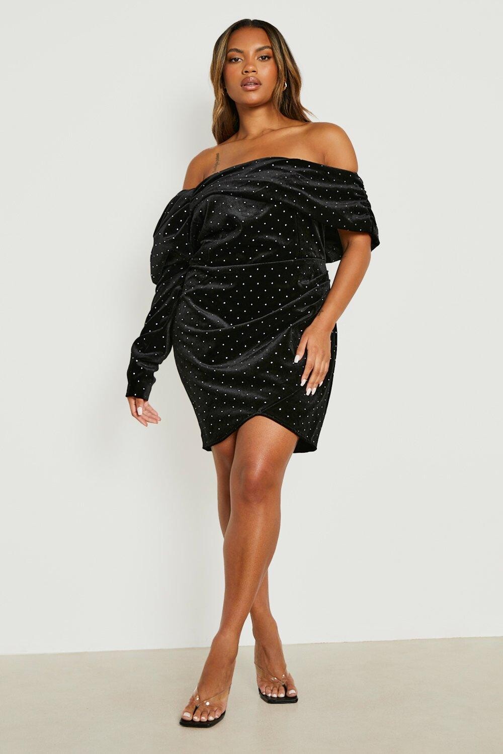 

Бодикон с открытыми плечами plus velvet rhiestone Boohoo, черный