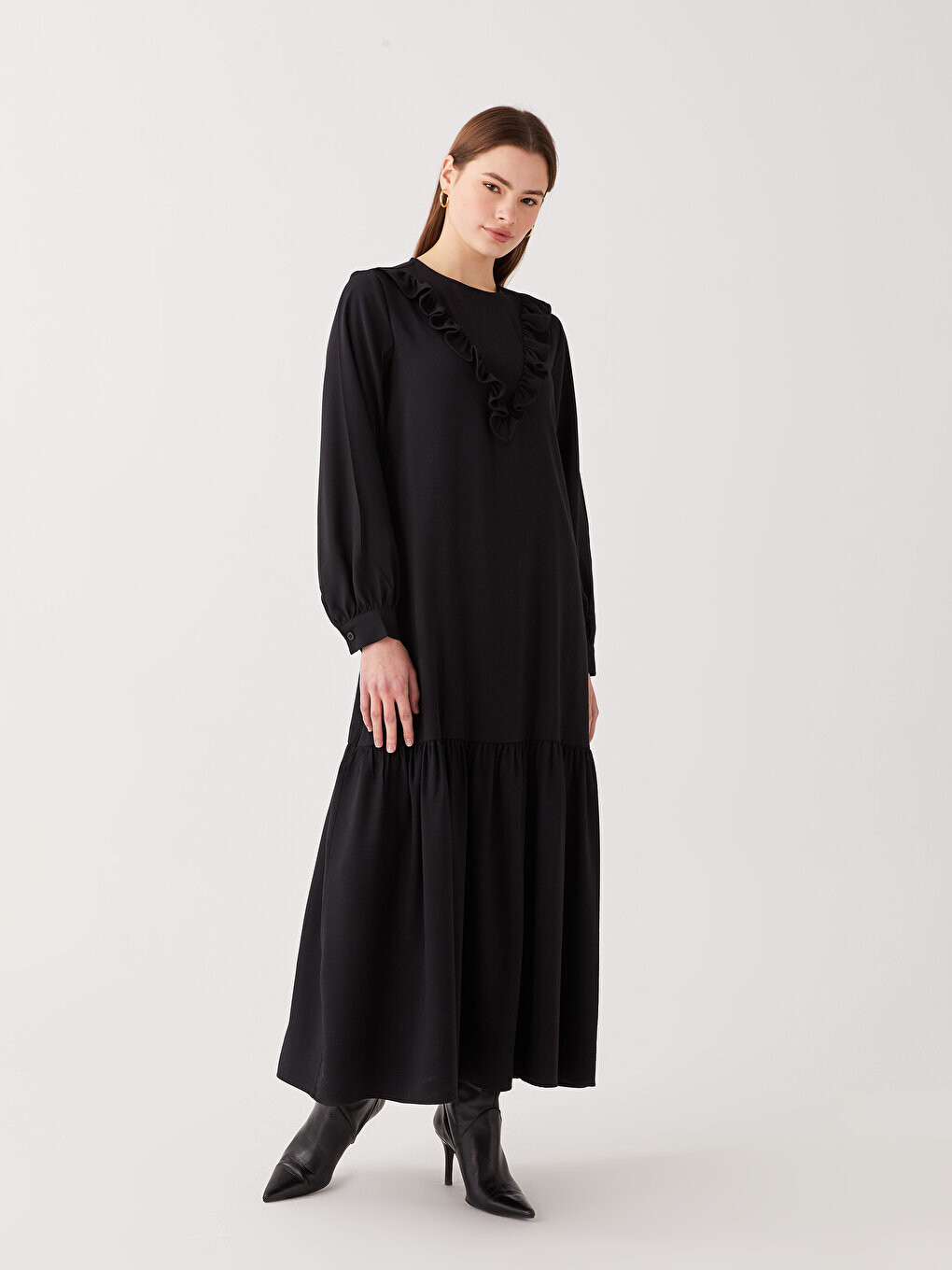 

Прямое женское платье с круглым вырезом и длинными рукавами LCW Modest, новый черный
