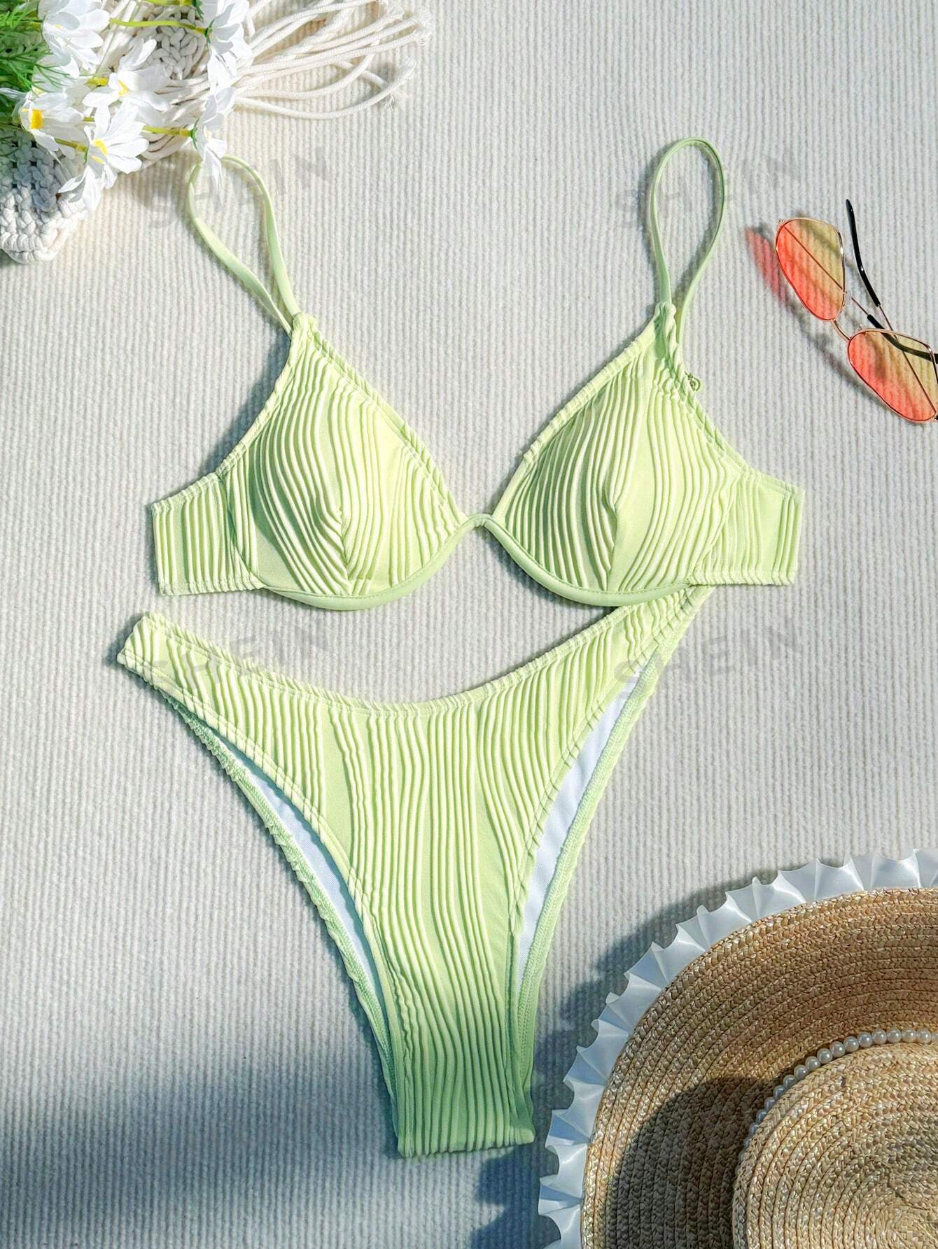 SHEIN Swim Basics Однотонный текстурированный раздельный купальник на косточках, мятно-зеленый