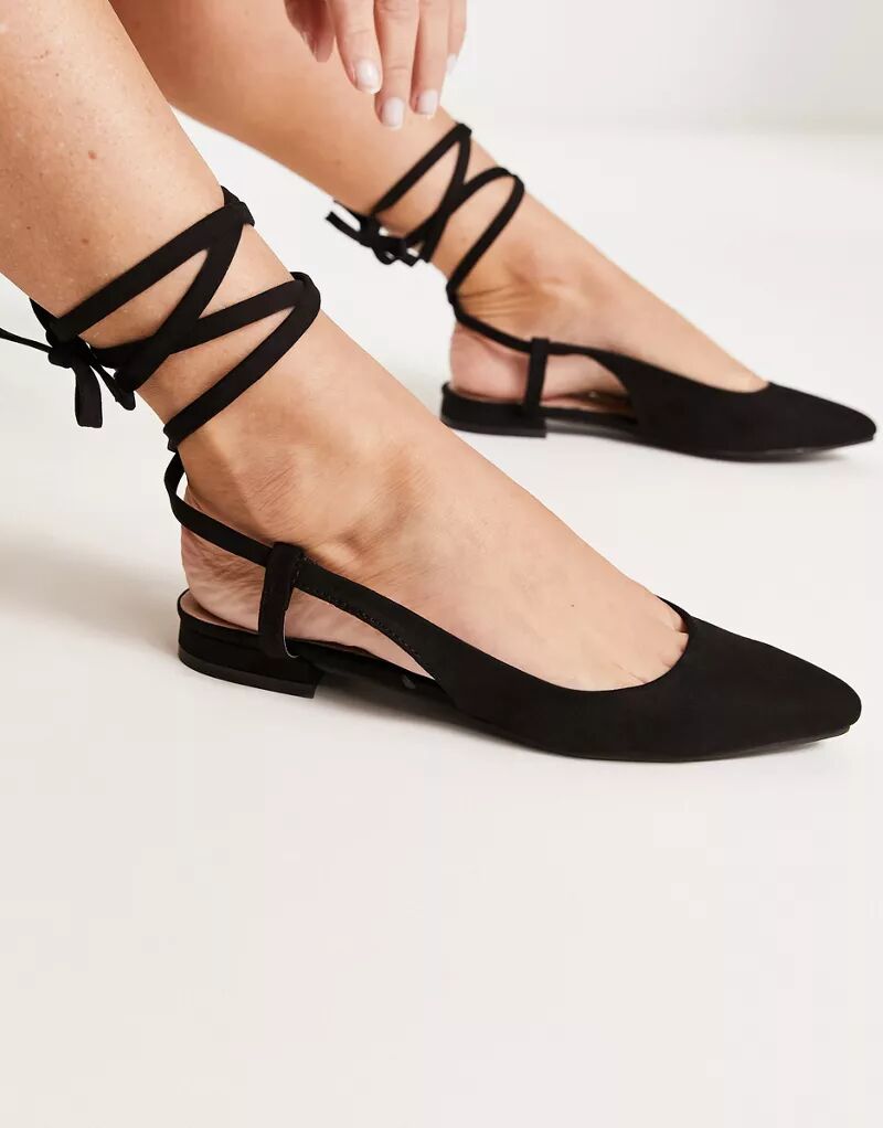 Черные балетки со шнуровкой до щиколотки New Look