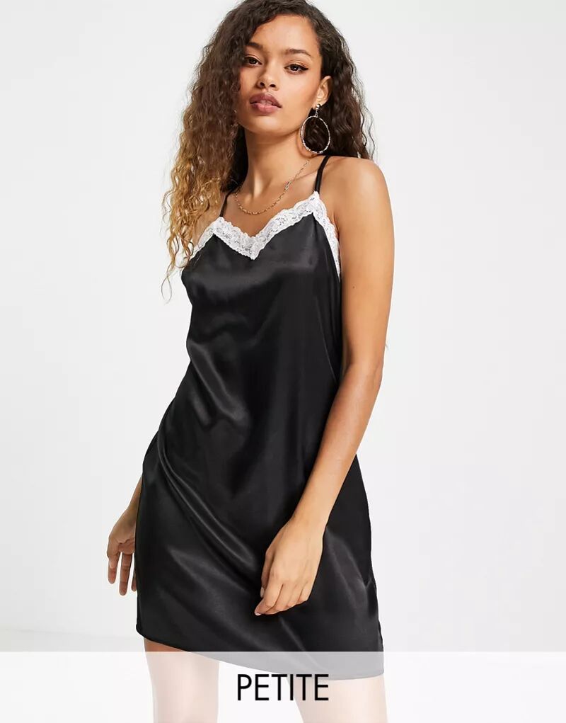 Черное атласное платье-комбинация с перекрещенной спинкой и кружевной отделкой цвета слоновой кости Flounce London