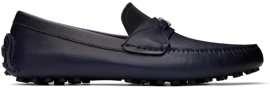 

Темно-синие лоферы с орнаментом Gancini Ferragamo, цвет Marine blue/Cookie